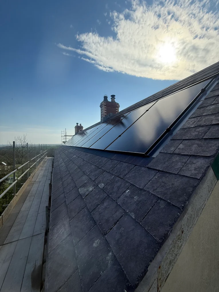 Close-up of flush in-roof solar tray detail at the Wolfsdale Pembrokeshire installation